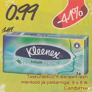 Allahindlus - Tarkurätikud kleenex Fresh mentooli ja palsamiga, 9x 8tk