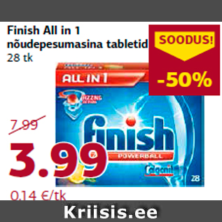 Allahindlus - Finish All in 1 nõudepesumasina tabletid 28 tk