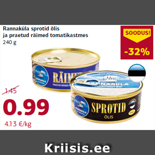 Allahindlus - Rannaküla sprotid õlis ja praetud räimed tomatikastmes 240 g