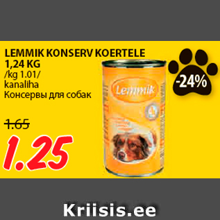 Allahindlus - LEMMIK KONSERV KOERTELE 1,24 KG