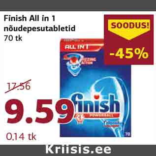 Allahindlus - Finish All in 1 nõudepesutabletid 70 tk