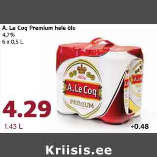 Allahindlus - A. Le Coq Premium hele õlu 4,7% 6 x 0,5 L