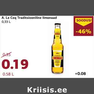 Allahindlus - A. Le Coq Traditsiooniline limonaad 0,33 L