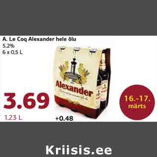 Allahindlus - A. Le Coq Alexander hele õlu 5,2% 6 x 0,5 L