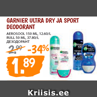 Allahindlus - GARNIER ULTRA DRY JA SPORT DEODORANT