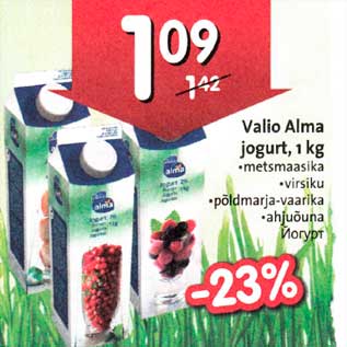 Allahindlus - Valio Alma jogurt, 1kg *metsmaasika *virsiku *põldmarja-vaarika *ahjuõuna