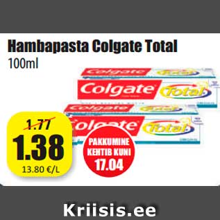 Allahindlus - Hambapasta Colgate Total 100ml