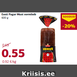 Allahindlus - Eesti Pagar Must vormileib 600 g