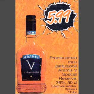 Allahindlus - Prantsusmaa muu piiritusjook Aramis V Special Reserve,36%, 50 cl