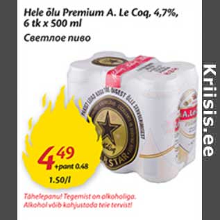 Allahindlus - Hele õlu Premium A.Le Coq,