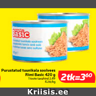 Allahindlus - Purustatud tuunikala soolvees Rimi Basic 420 g