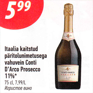 Allahindlus - Itaalia kaitstud päritolunimetusega vahuvein Conti D’Arco Prosecco 11%*