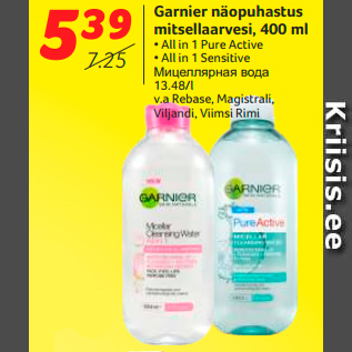 Allahindlus - Garnier näopuhastus mitsellaarvesi, 400 ml