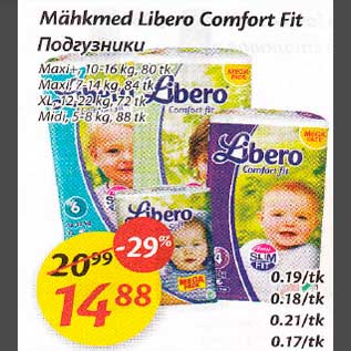 Allahindlus - Mähkmed Libero Соmfоrt .Fit Maxi+, 10-16kg,80tk .Maxi, 7-14kg,84tk .XL,12-22kg,72tk .Midi, 5-8kg, 88 tk; 0,19/tk,0,18/tk, 0,21/tk 0,17 tk