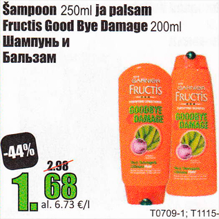 Allahindlus - Šampoon 250 ml ja palsam Fructis Good Bye Damage 200 ml