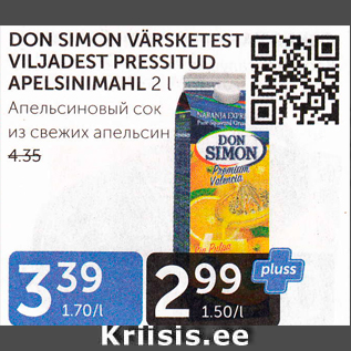 Allahindlus - DON SIMON VÄRSKETEST VILJADEST PRESSITUD APELSINIMAHL, 2 L