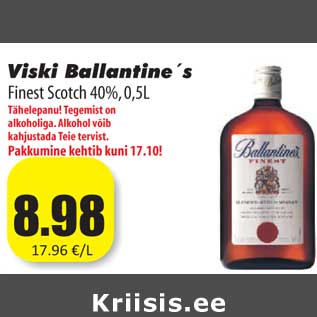 Allahindlus - Viski Ballantine´s Finest Scotch 40%, 0,5L