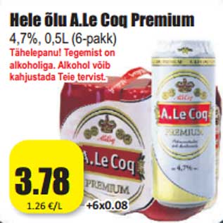 Allahindlus - Hele õlu A.Le Coq Premium 4,7%, 0,5L (6-pakk)