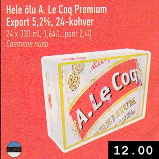 Allahindlus - Hele õlu A. Le Coq Premium Export 5,2%, 24-kohver