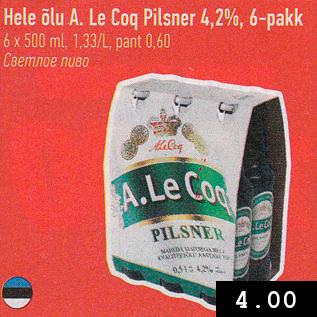 Allahindlus - Hele õlu A. Le Coq Pilsner 4,2%, 6-pakk