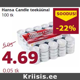 Allahindlus - Hansa Candle teeküünal 100 tk