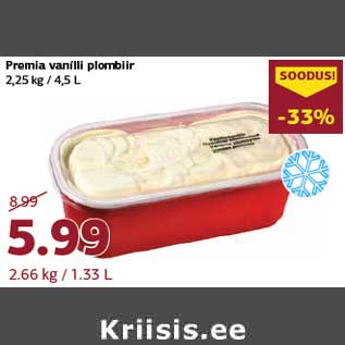 Allahindlus - Premia vanilli plombiir 2,25 kg / 4,5 L