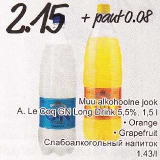 Allahindlus - Muu alkohoolne jook A.Le Cog GN Long Drink 5,5%, 1,5 l