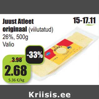 Allahindlus - Juust Atleet originaal (viilutatud) 26%, 500g Valio