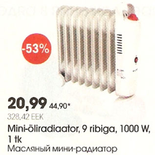 Allahindlus - Mini-õliradiaator, 9 ribiga 1000W