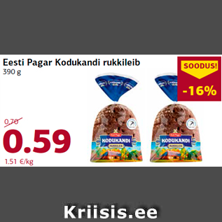 Allahindlus - Eesti Pagar Kodukandi rukkileib 390 g