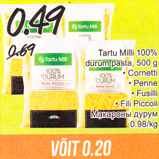 Allahindlus - tartu Milli 100% durum pasta, 500 g