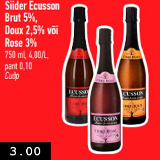 Allahindlus - Siider Ecusson Brut 5%, Doux 2,5% või Rose 3% 750 ml, 4,00/L, pant 0,10