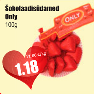 Allahindlus - Šokolaadisüdamed Only 100 g