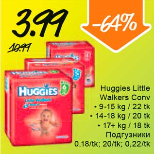 Allahindlus - Huggies Little Walkers Conv • 9-15 kg / 22 tk • 14-18 kg / 20 tk • 17+ kg / 18 tk