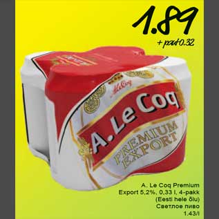 Allahindlus - A. Le Coq Premium Export 5,2%, 0,33 l, 4-pakk (Eesti hele õlu)