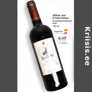 Allahindlus - KPN-kv. vеin El Coto Crianza 750 ml, Hispaania