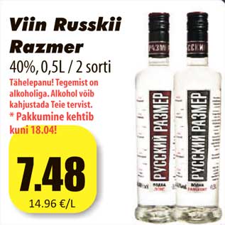 Allahindlus - Viin Russkii Razmer 40%, 0,5L / 2 sorti