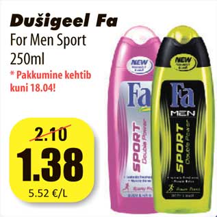 Allahindlus - Dušigeel Fa For Men Sport 250m