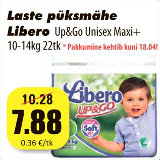 Allahindlus - Laste püksmähe Libero Up&Go Unisex Maxi+ 10-14kg 22tk