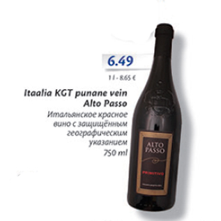 Allahindlus - Itaalia KGT punane vein Alto Passo 750 ml