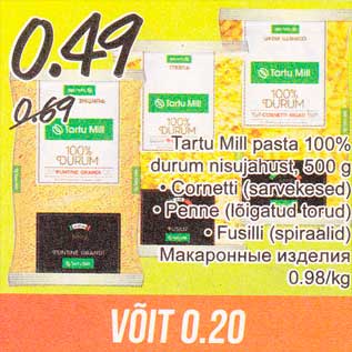 Allahindlus - Tartu Mill pasta 100% durum nisujahust, 500 g