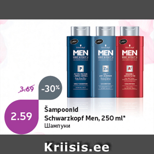 Allahindlus - Šampoonid Schwarzkopf Men, 250 ml*