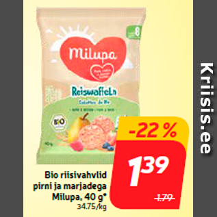 Allahindlus - Bio riisivahvlid pirni ja marjadega Milupa, 40 g*