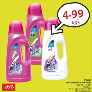 Allahindlus - Vanish plekieemaldusvahendid •Regular, 2 l /2.50/l •White, 2 l •Extra Hygiene, 1,88 l /2.65/l