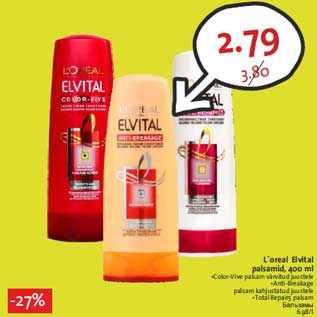 Allahindlus - L`oreal Elvital palsamid, 400 ml •Color-Vive palsam värvitud juustele •Anti-Breakage palsam kahjustatud juustele •Total Repair5 palsam