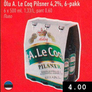 Allahindlus - Õlu A. Le Coq Pilsner 4,2%, 6-pakk 6 x 500 ml, 1,33/L, pant 0,60