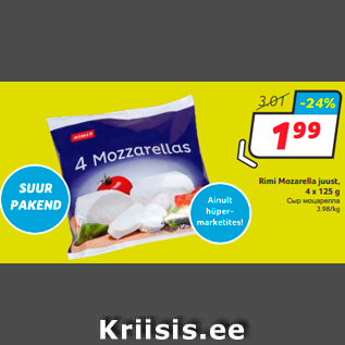 Allahindlus - Rimi Mozarella juust, 4 x 125 g