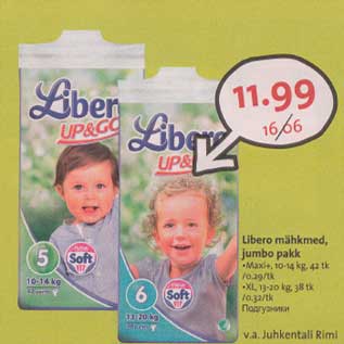 Allahindlus - Libero mähkmed, jumbo pakk .Maxi+,10-14kg,42tk/0,29/tk . XL, 13-20kg,38tk/0,32/tk