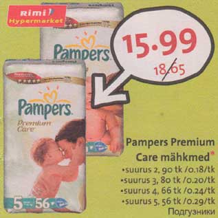 Allahindlus - Pampers Premium Care mähkmеd* .suurus 2,90 tk /0.18/tk .suurus 3, 80 tk /0,20/tk .suurus 4, 66 tk /0,24/tk .suurus 5, 56 tk /0.29/tk