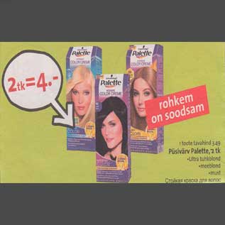 Allahindlus - 1 toote tavahind 3.49 Püsivärv Palette,2 tk .ultra tuhkblond .meeblond .must